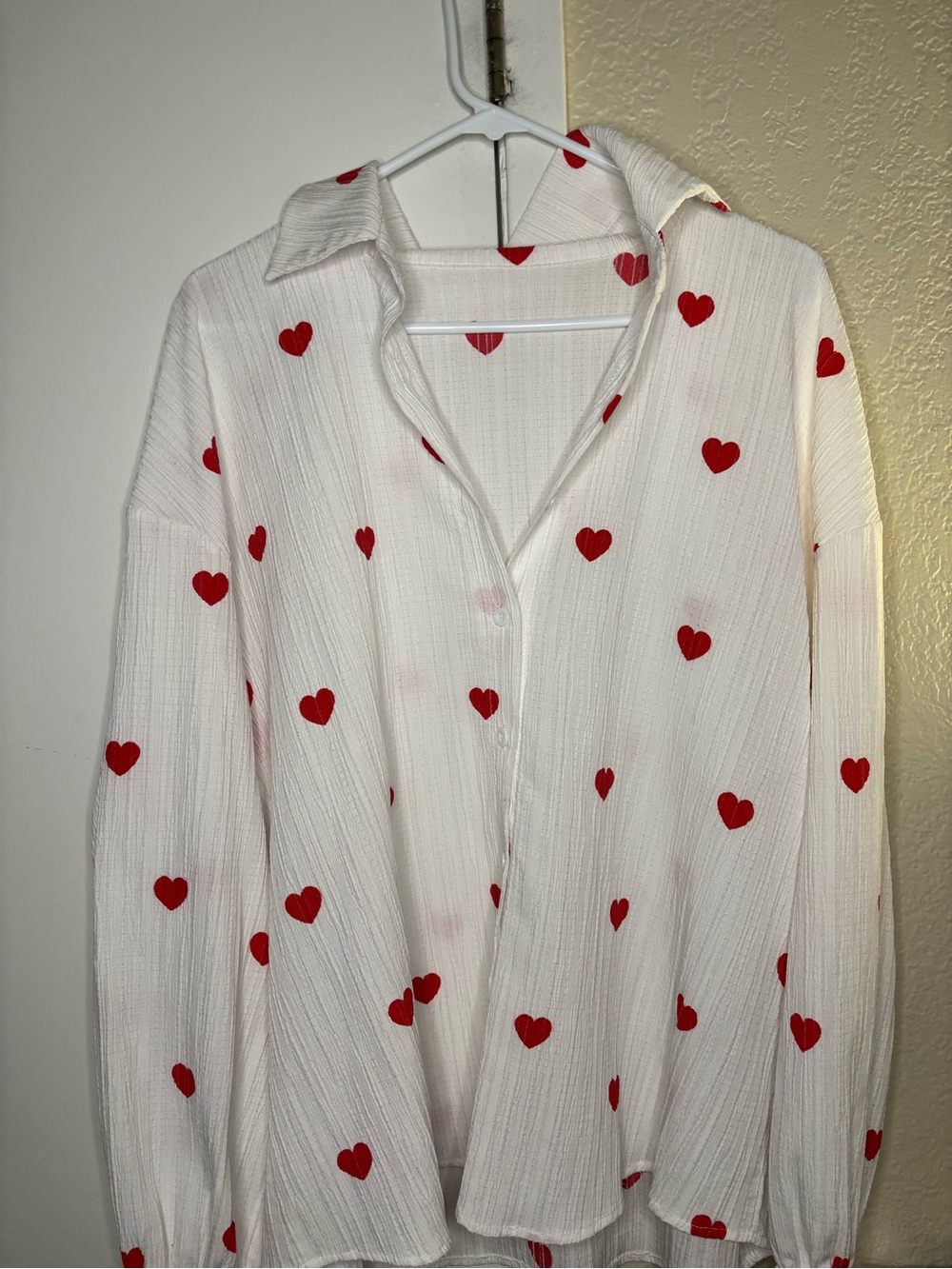 SHEIN White Button-Down Shirt with Red Heart Print